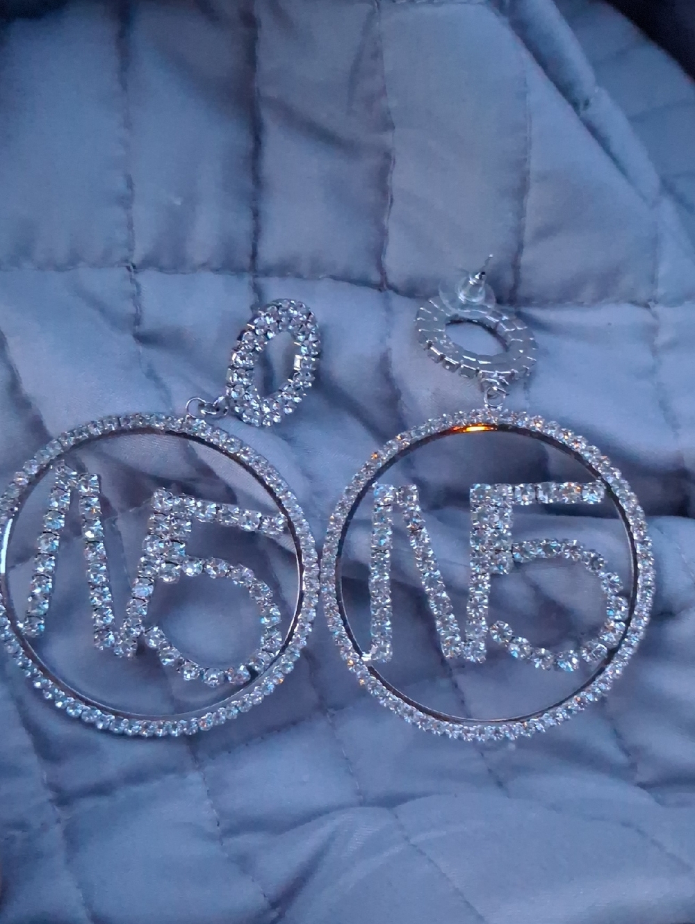 Large Sparkling Fashion Crystal Hoop "N5" Statement Earrings - Silver Tone